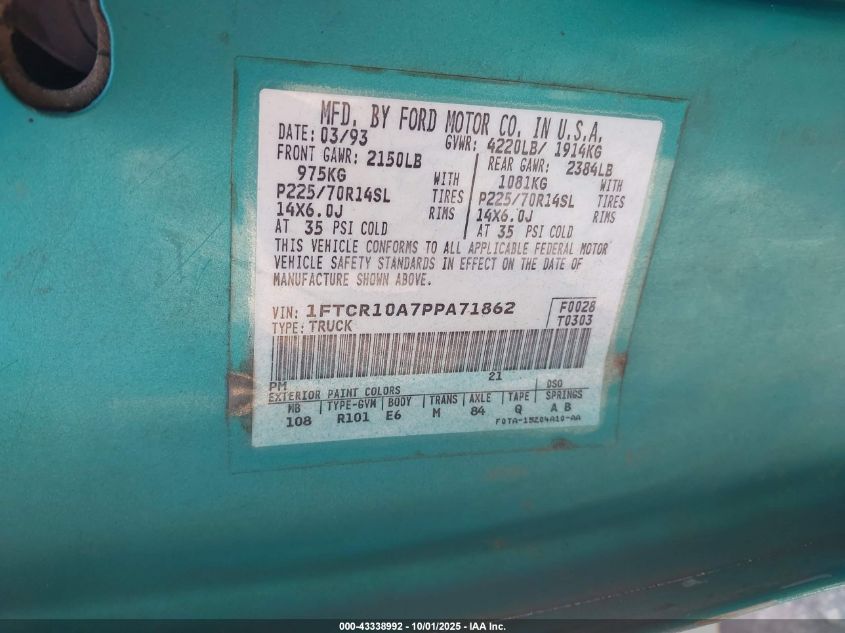 1993 Ford Ranger VIN: 1FTCR10A7PPA71862 Lot: 43338992