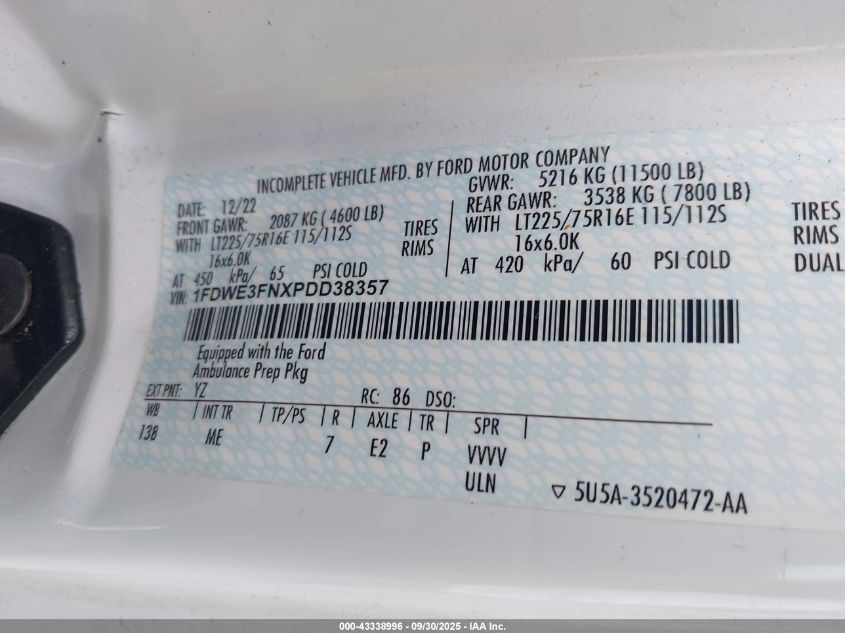 2023 Ford E-350 Cutaway VIN: 1FDWE3FNXPDD38357 Lot: 43338996