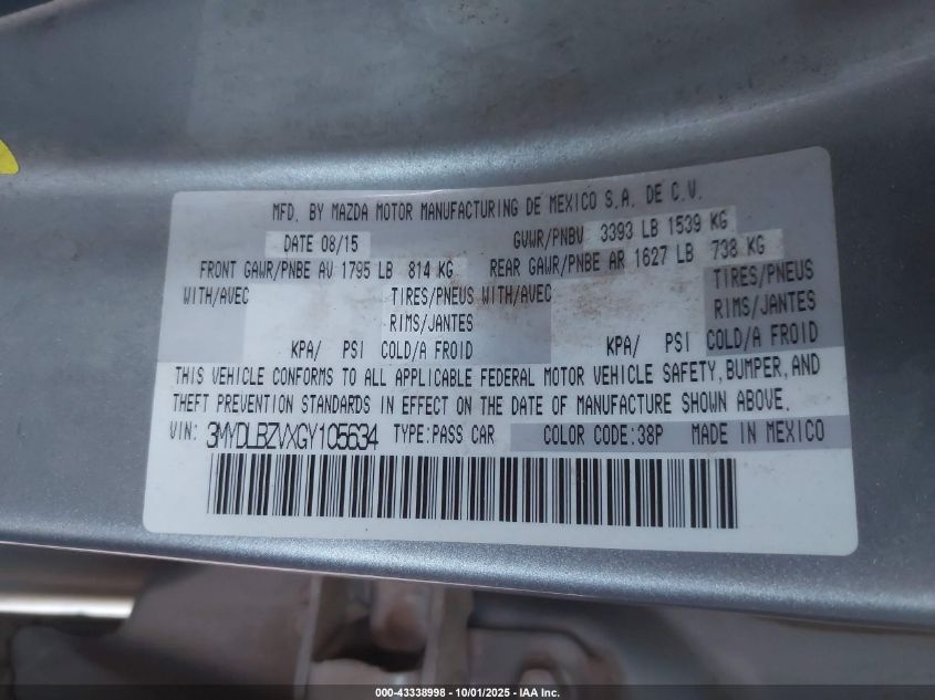 2016 Scion Ia VIN: 3MYDLBZVXGY105634 Lot: 43338998