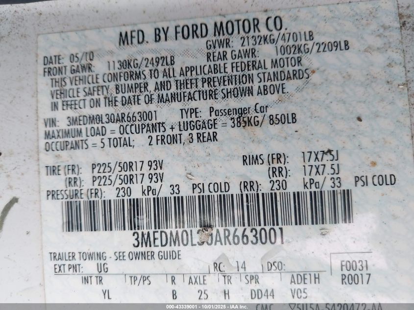 2010 Mercury Milan Hybrid VIN: 3MEDM0L30AR663001 Lot: 43339001