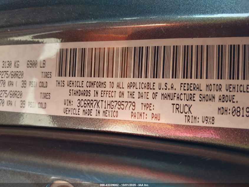 2017 Ram 1500 Express 4X4 5'7 Box VIN: 3C6RR7KT1HG795779 Lot: 43339002