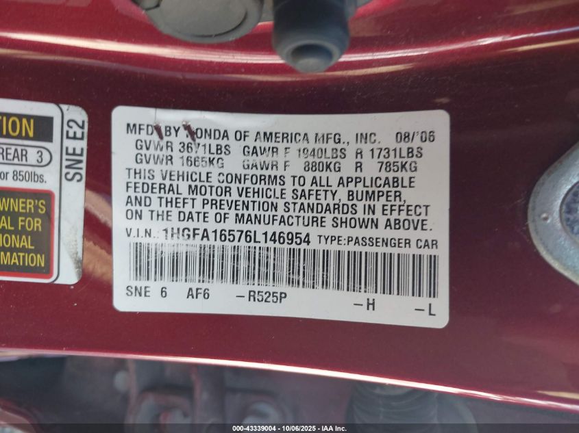 2006 Honda Civic Lx VIN: 1HGFA16576L146954 Lot: 43339004