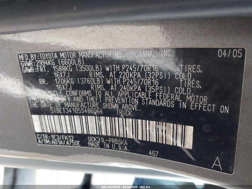 2005 Toyota Tundra Sr5 V8 VIN: 5TBET34105S486064 Lot: 43339005