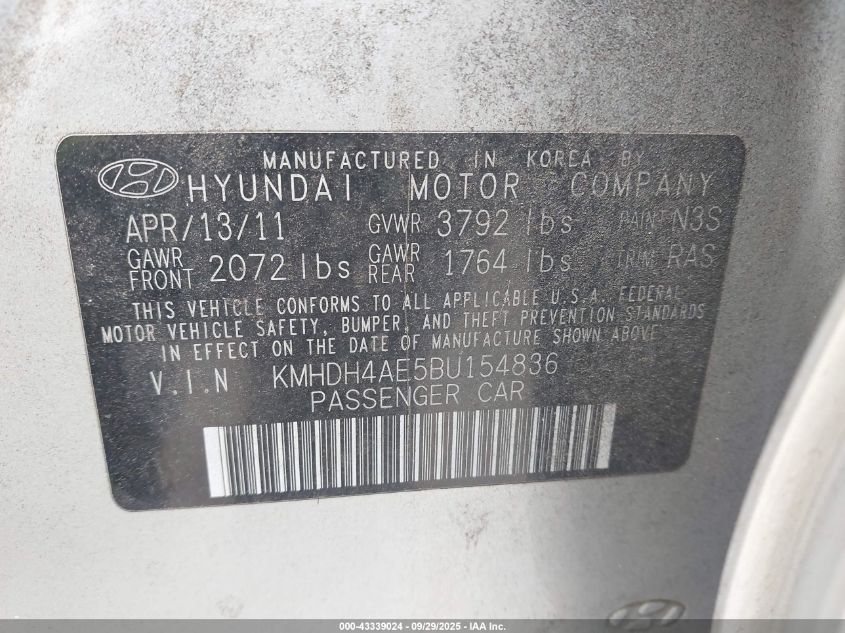 2011 Hyundai Elantra Gls (Ulsan Plant) VIN: KMHDH4AE5BU154836 Lot: 43339024