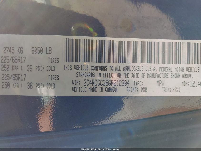 2016 Dodge Grand Caravan Sxt VIN: 2C4RDGCG8GR212304 Lot: 43339029