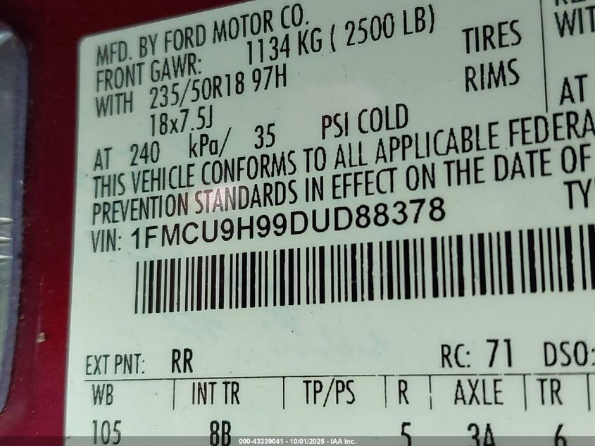 2013 Ford Escape Sel VIN: 1FMCU9H99DUD88378 Lot: 43339041