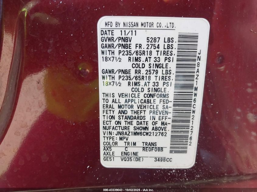 2012 Nissan Murano Sv VIN: JN8AZ1MW6CW212762 Lot: 43339043