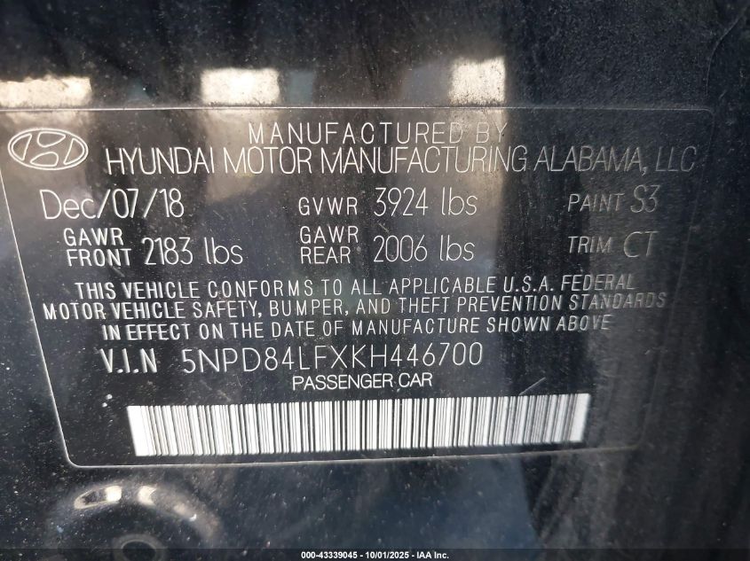 2019 Hyundai Elantra Value Edition VIN: 5NPD84LFXKH446700 Lot: 43339045