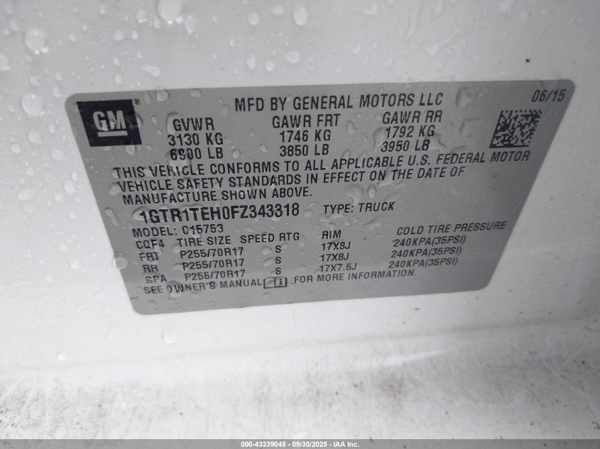 2015 GMC Sierra 1500 VIN: 1GTR1TEH0FZ343318 Lot: 43339048