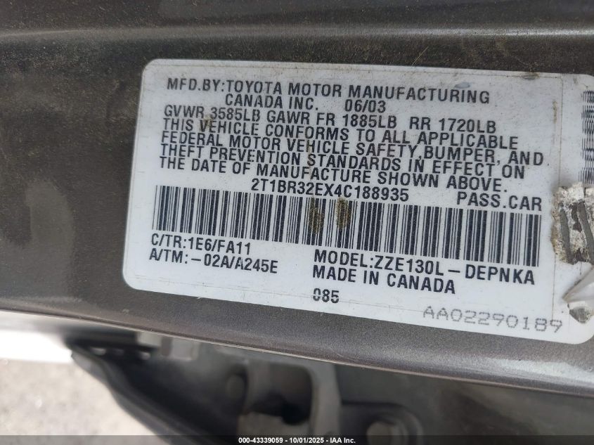 2004 Toyota Corolla Le VIN: 2T1BR32EX4C188935 Lot: 43339059