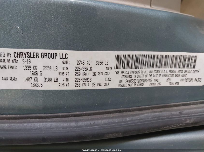 2010 Chrysler Town & Country Touring VIN: 2A4RR5D10AR404415 Lot: 43339060