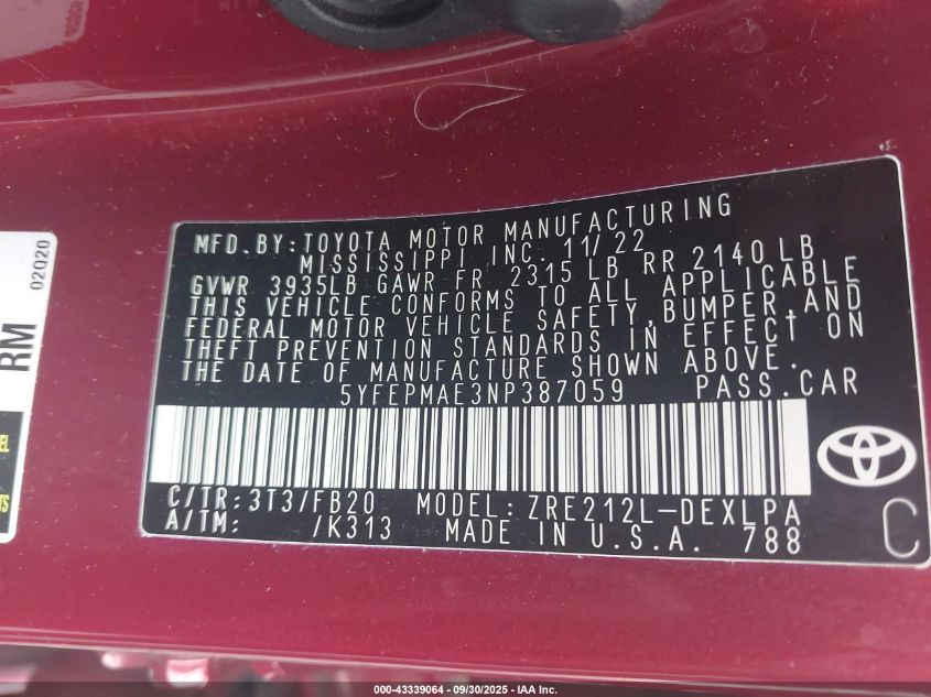 2022 Toyota Corolla Le VIN: 5YFEPMAE3NP387059 Lot: 43339064