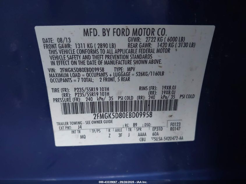 2014 Ford Flex Limited VIN: 2FMGK5D80EBD09958 Lot: 43339067