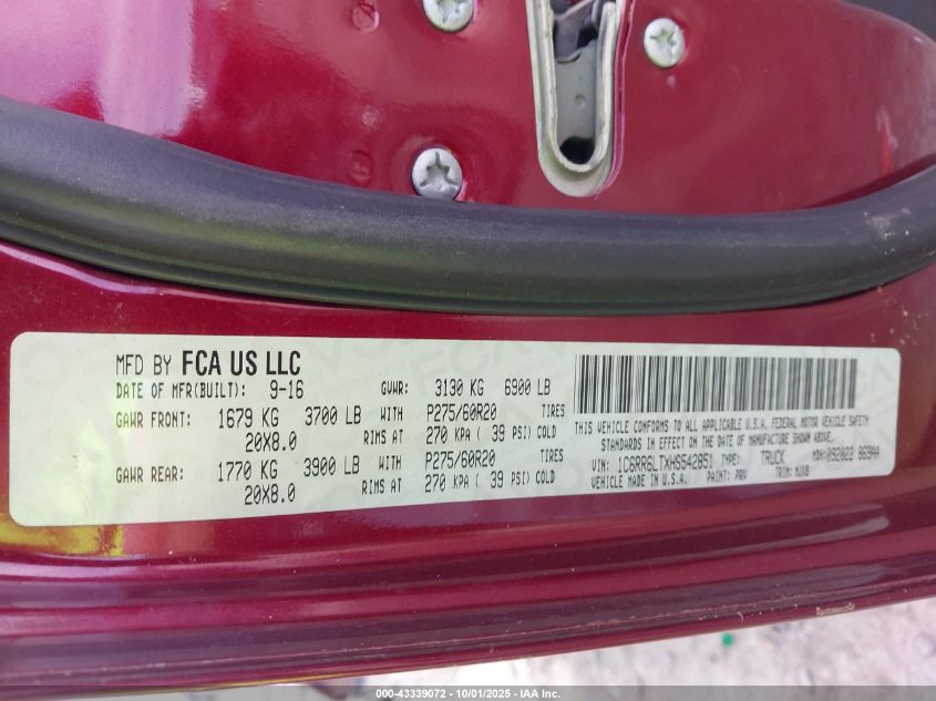 2017 Ram 1500 Slt VIN: 1C6RR6LTXHS542851 Lot: 43339072