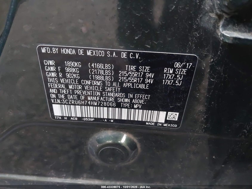 2017 HONDA HR-V EX-L - 3CZRU6H74HM728066