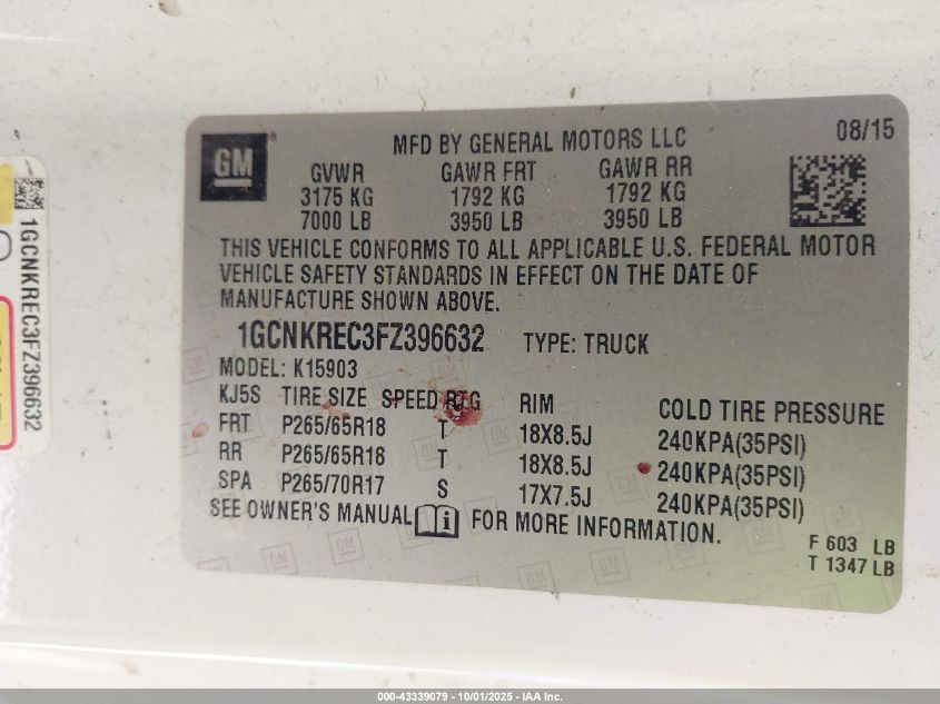 2015 Chevrolet Silverado 1500 2Lt VIN: 1GCNKREC3FZ396632 Lot: 43339079