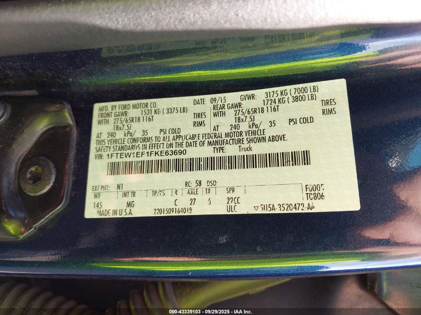2015 Ford F-150 Xlt VIN: 1FTEW1EF1FKE63690 Lot: 43339103