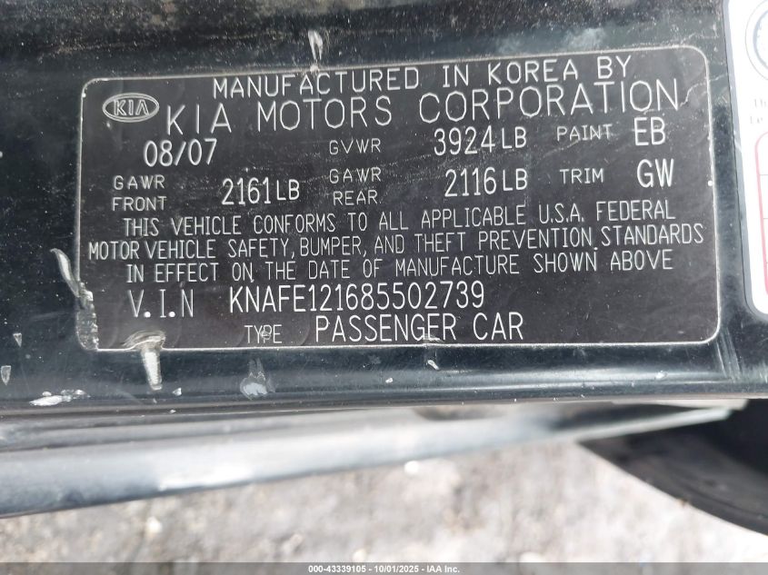 2008 Kia Spectra Lx VIN: KNAFE121685502739 Lot: 43339105