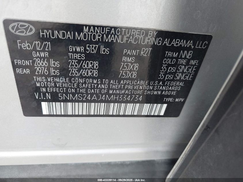 2021 Hyundai Santa Fe Sel VIN: 5NMS24AJ4MH334734 Lot: 43339114