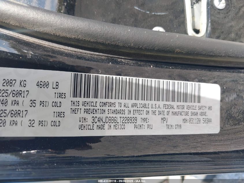 2020 Jeep Compass Latitude 4X4 VIN: 3C4NJDBB6LT228939 Lot: 43339116