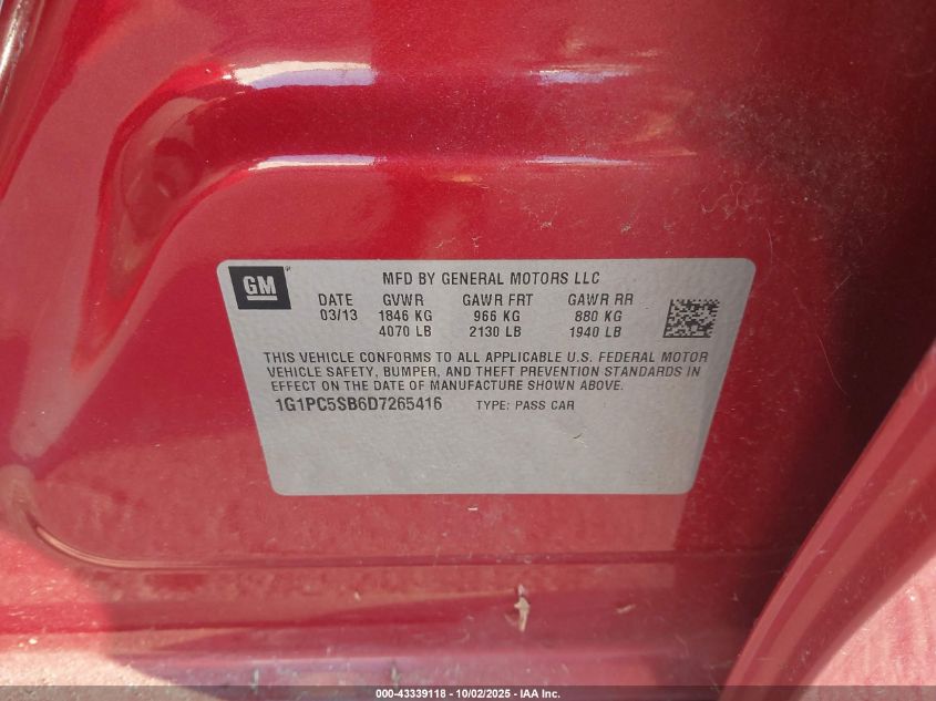 2013 Chevrolet Cruze 1Lt Auto VIN: 1G1PC5SB6D7265416 Lot: 43339118
