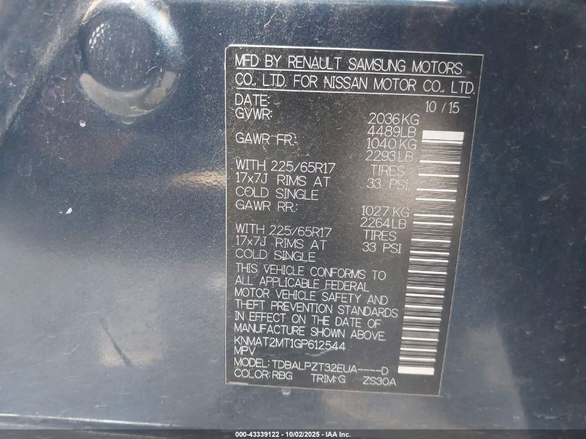 2016 Nissan Rogue S VIN: KNMAT2MT1GP612544 Lot: 43339122