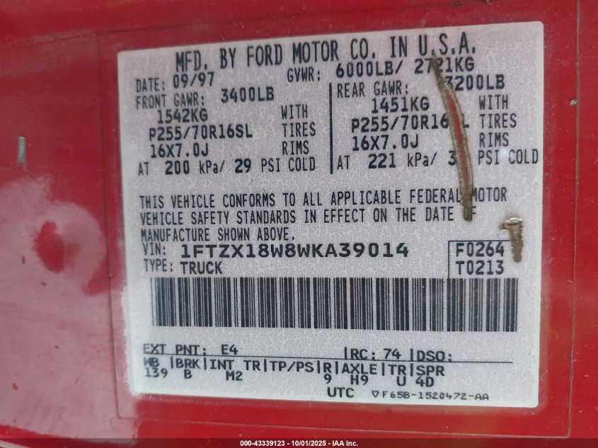 1998 Ford F-150 VIN: 1FTZX18W8WKA39014 Lot: 43339123