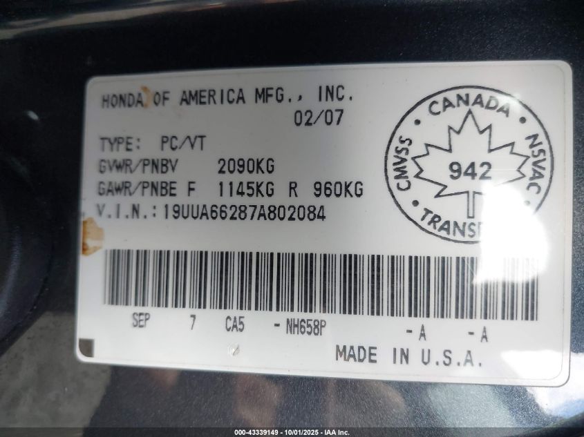 2007 Acura Tl 3.2 VIN: 19UUA66287A802084 Lot: 43339149