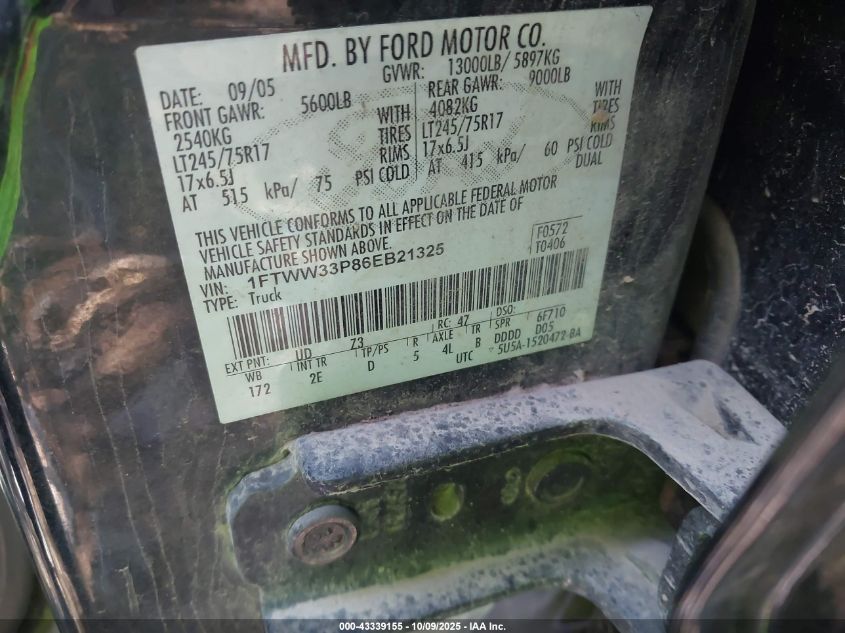 2006 Ford F-350 Lariat/Xl/Xlt VIN: 1FTWW33P86EB21325 Lot: 43339155