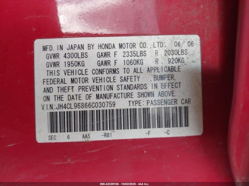 2006 Acura Tsx VIN: JH4CL96866C030759 Lot: 43339158