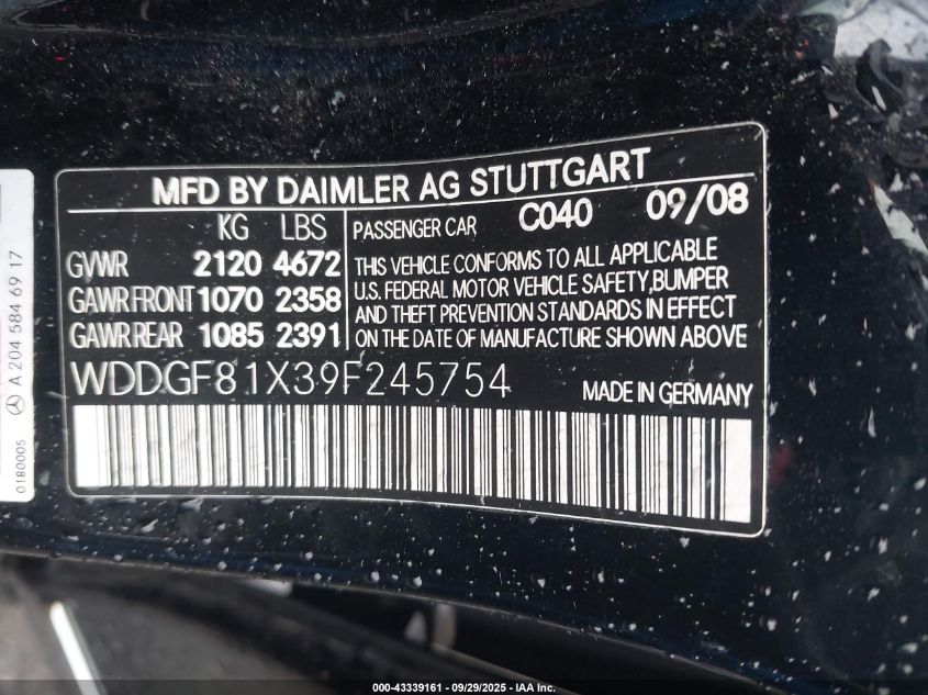 2009 Mercedes-Benz C 300 Luxury 4Matic/Sport 4Matic VIN: WDDGF81X39F245754 Lot: 43339161
