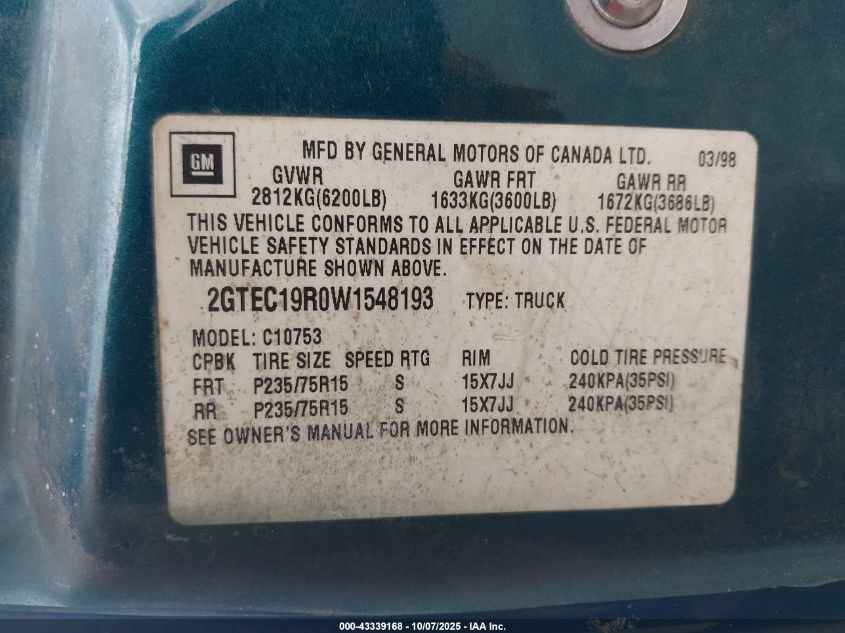 1998 GMC Sierra 1500 Sl Wideside VIN: 2GTEC19R0W1548193 Lot: 43339168