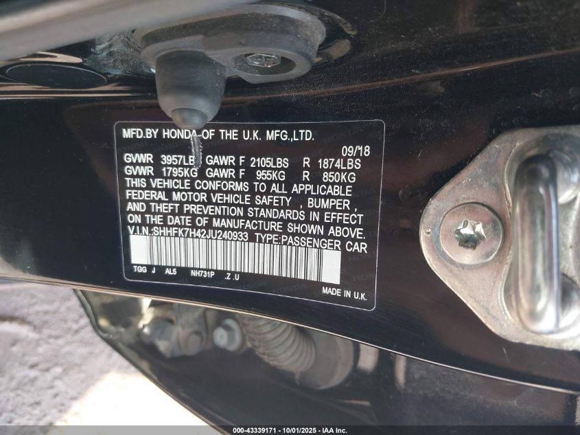 2018 Honda Civic Sport VIN: SHHFK7H42JU240933 Lot: 43339171