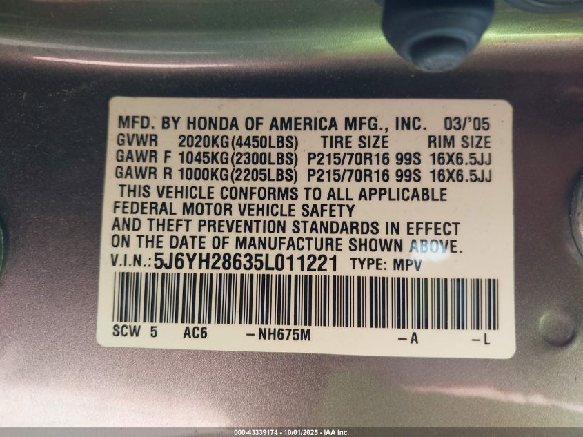 2005 Honda Element Ex VIN: 5J6YH28635L011221 Lot: 43339174