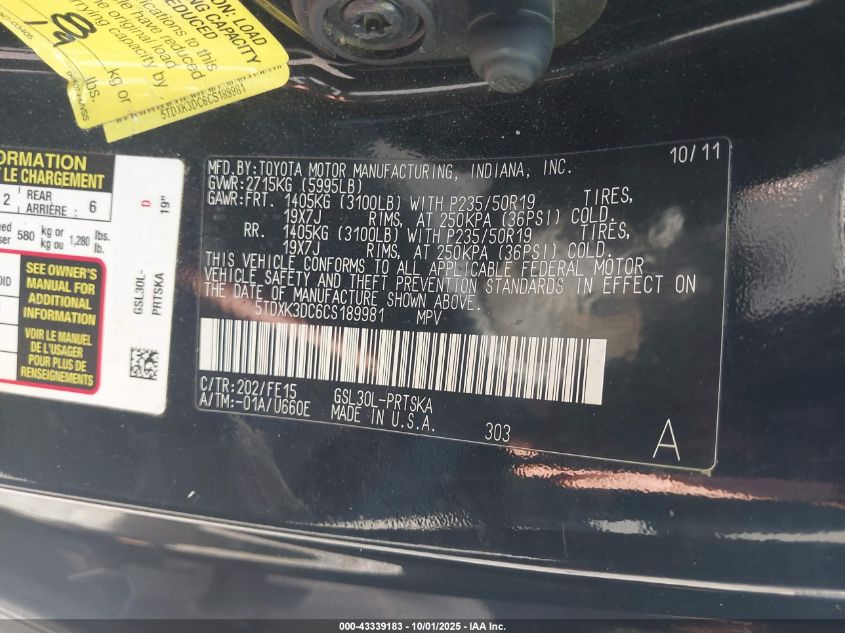 2012 Toyota Sienna Se 8 Passenger VIN: 5TDXK3DC6CS189981 Lot: 43339183