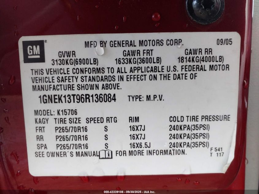 2006 Chevrolet Tahoe Ls VIN: 1GNEK13T96R136084 Lot: 43339186