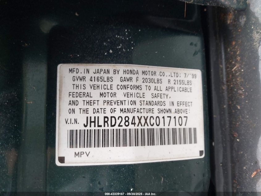 1999 Honda Cr-V Lx VIN: JHLRD284XXC017107 Lot: 43339187