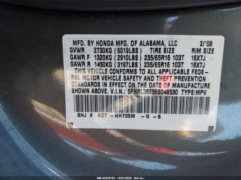 2008 Honda Odyssey Ex-L VIN: 5FNRL38758B048530 Lot: 43339193