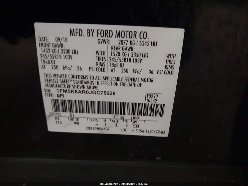 2018 FORD POLICE INTERCEPTOR - 1FM5K8AR0JGC75626