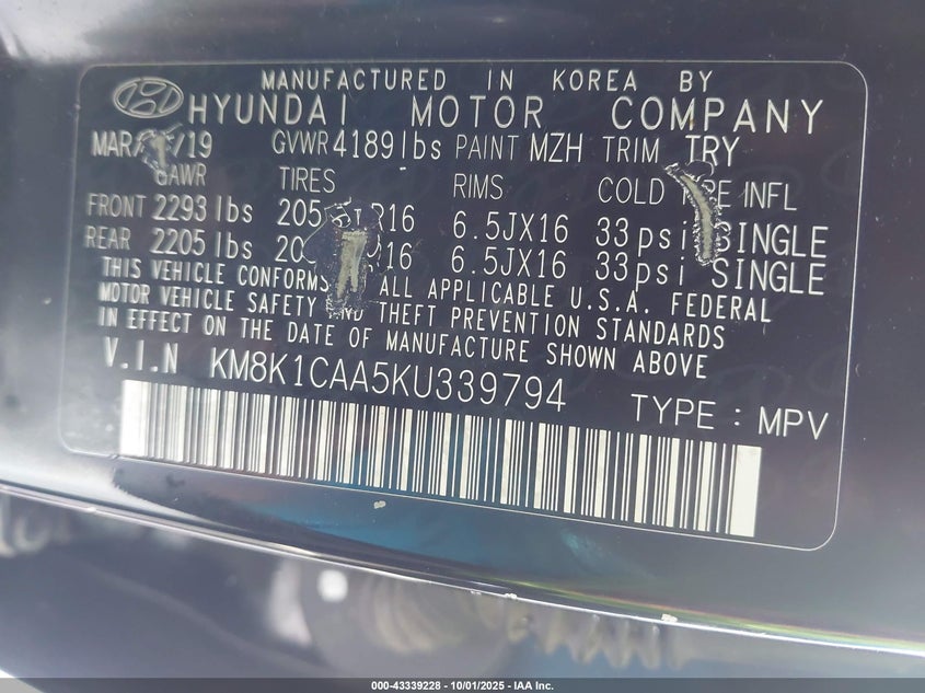 2019 HYUNDAI KONA SE - KM8K1CAA5KU339794