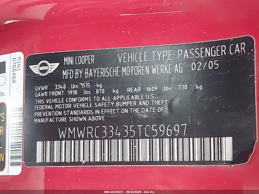 2005 Mini Cooper VIN: WMWRC33435TC59697 Lot: 43339231