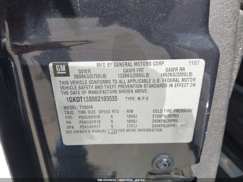 2008 GMC Envoy Slt VIN: 1GKDT13S882183535 Lot: 43339232