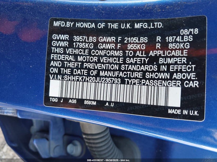 2018 HONDA CIVIC LX SHHFK7H20JU235793