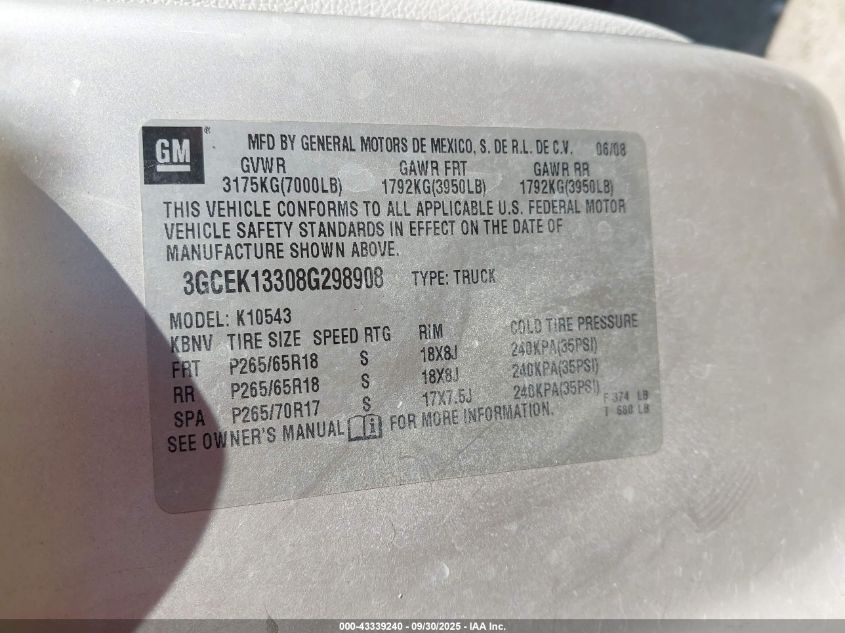 2008 Chevrolet Silverado 1500 Lt1 VIN: 3GCEK13308G298908 Lot: 43339240