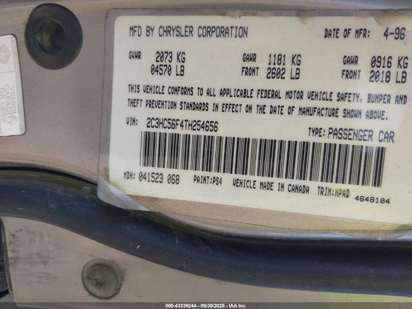 1996 Chrysler Lhs VIN: 2C3HC56F4TH254656 Lot: 43339244