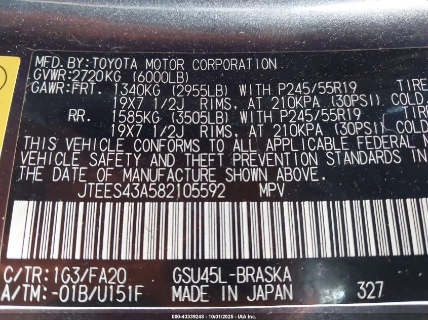 2008 Toyota Highlander Sport VIN: JTEES43A582105592 Lot: 43339248