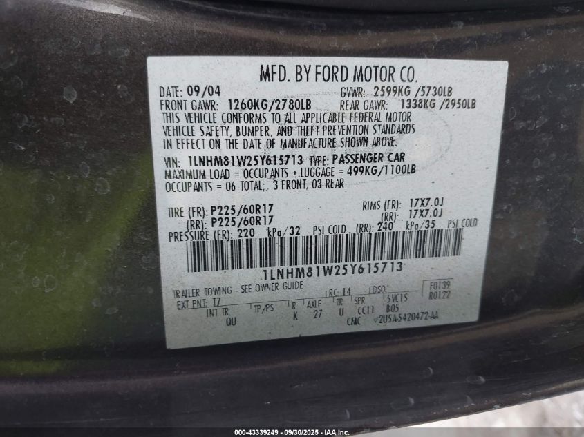 2005 Lincoln Town Car Signature VIN: 1LNHM81W25Y615713 Lot: 43339249