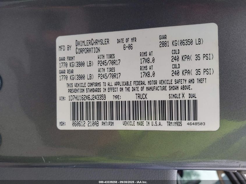 2006 Dodge Ram 1500 Slt/Trx4 Off Road/Sport VIN: 1D7HU162X6J243359 Lot: 43339258