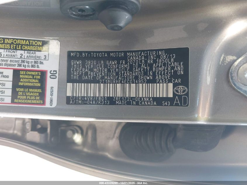 2014 Toyota Corolla Le VIN: 2T1BURHE4EC014952 Lot: 43339269