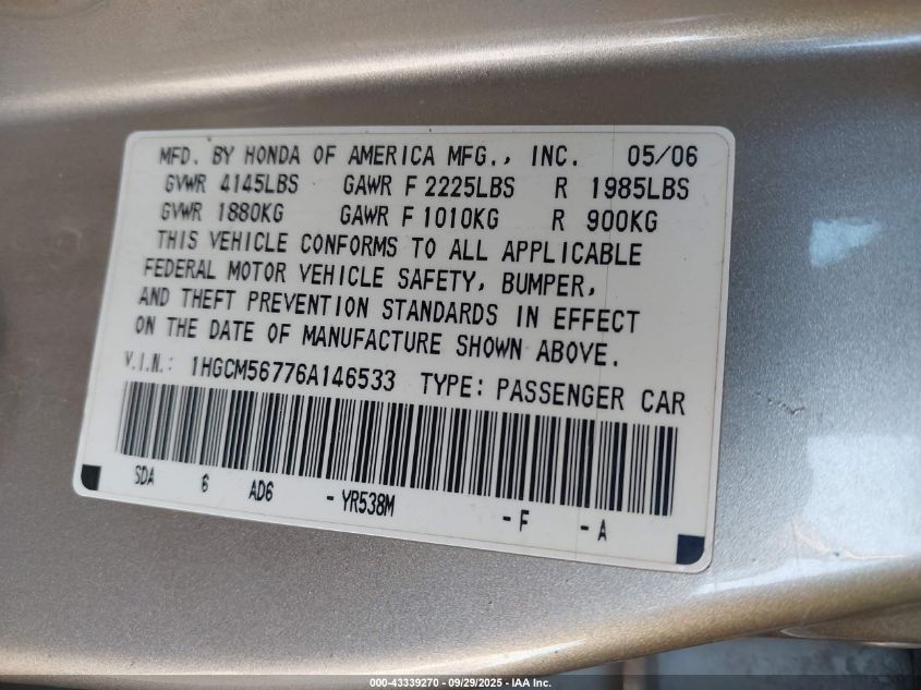 2006 Honda Accord 2.4 Ex VIN: 1HGCM56776A146533 Lot: 43339270